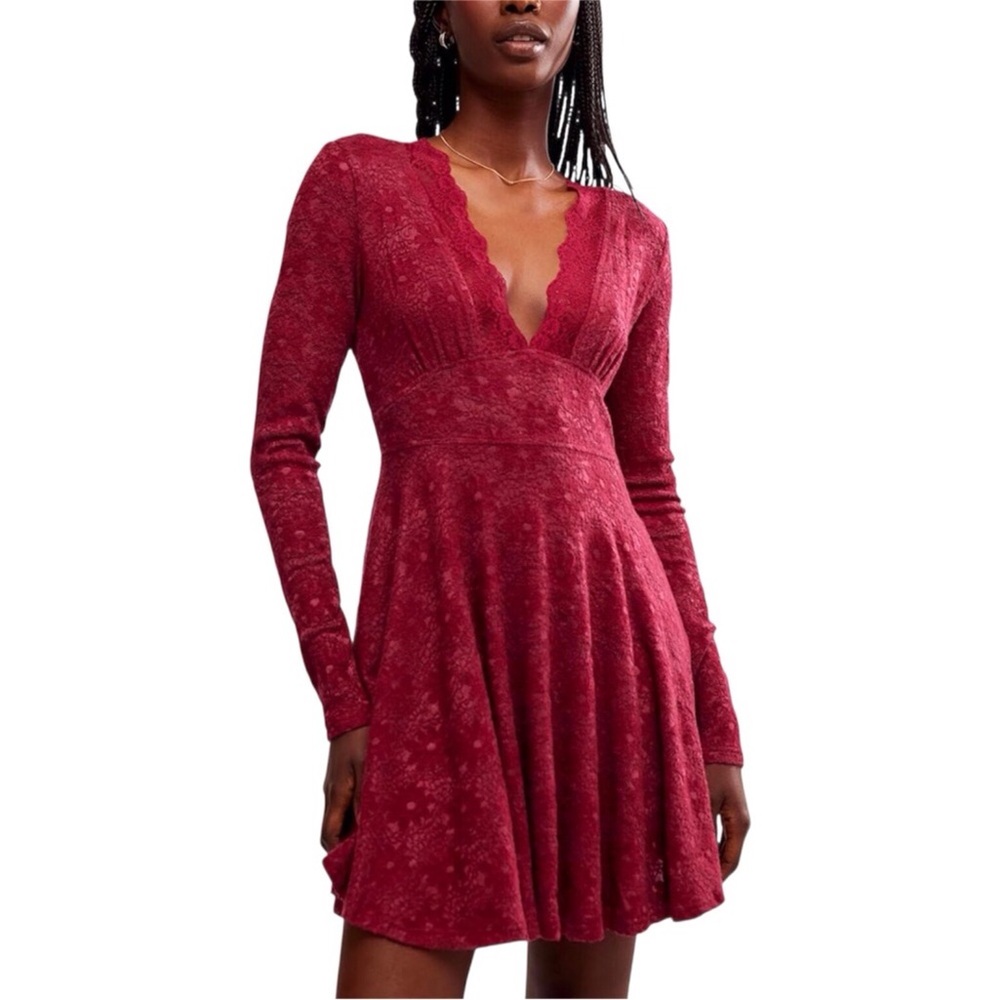 Free People Mini Dress All Yours Red Floral Textured V Neck Skater Style XL